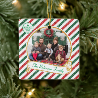 Vintage Airmail Glitter Jul Familjefoto Cer Julgransprydnad Keramik