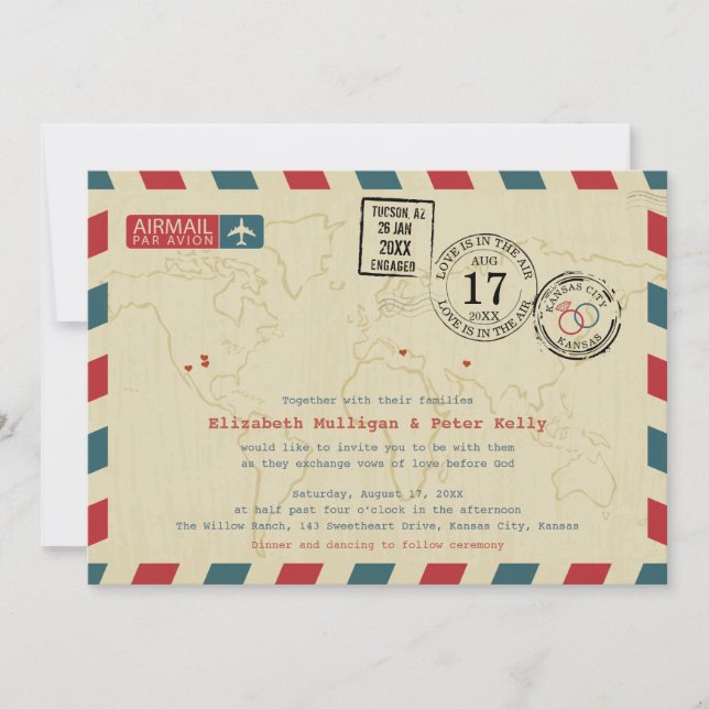 Vintage Airmail World Traveler Bröllop Inbjudningar (Framsida)