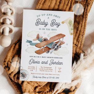 Vintage Airplan Boy Travel Baby Shower Inbjudningar