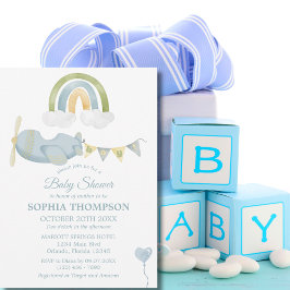 Vintage Airplane Rainbow Clouds Boy Baby Shower Inbjudningar