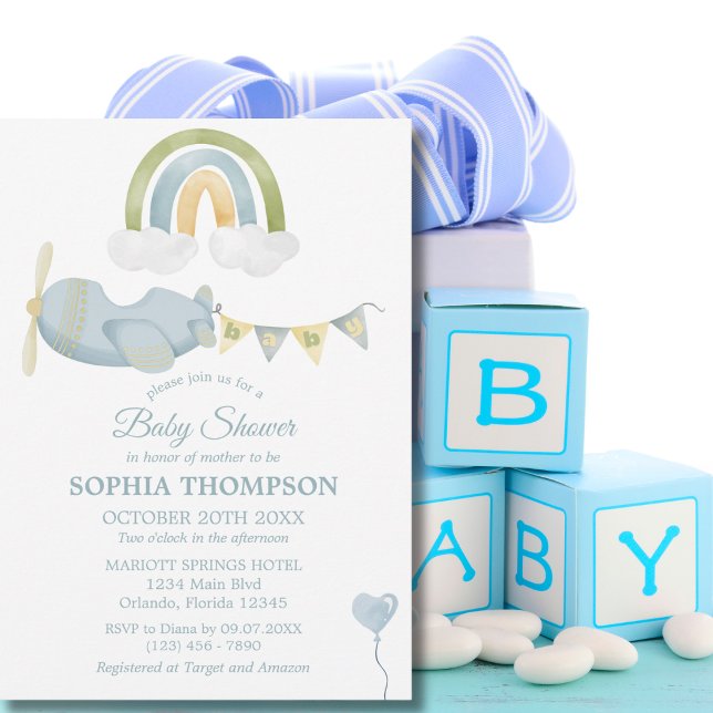 Vintage Airplane Rainbow Clouds Boy Baby Shower Inbjudningar (Skapare uppladdad)
