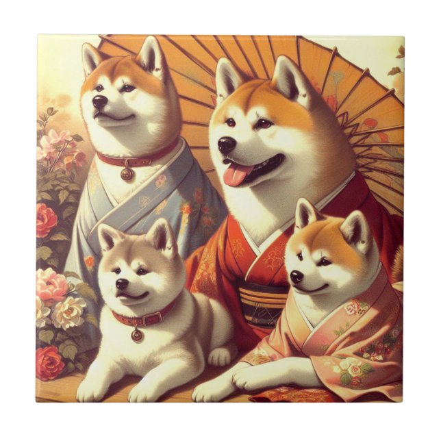 Vintage Akita Hund-målning Kakelplatta (Framsidan)