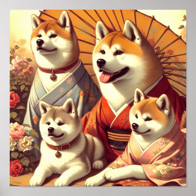 Vintage Akita Hund-målning Poster (Framsidan)