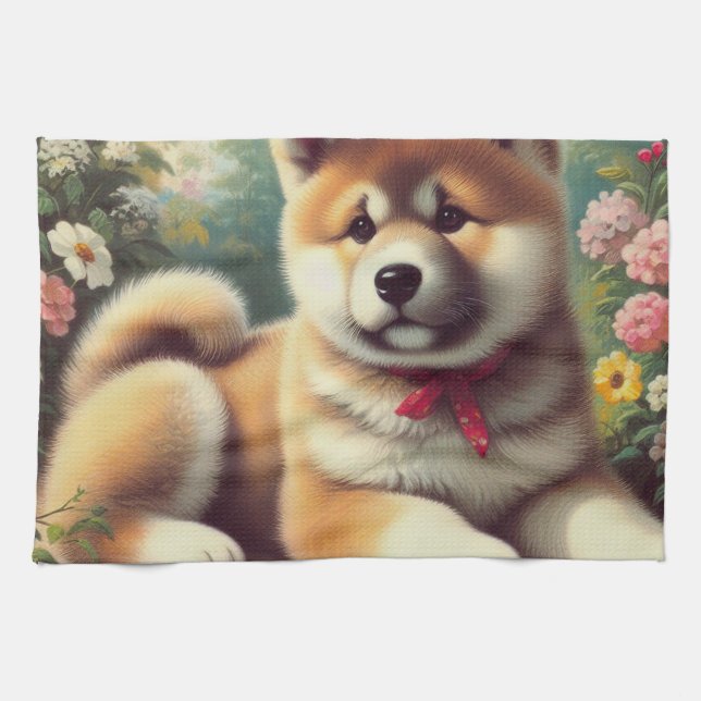 Vintage Akita Oljemålning Kökshandduk (Horisontell)
