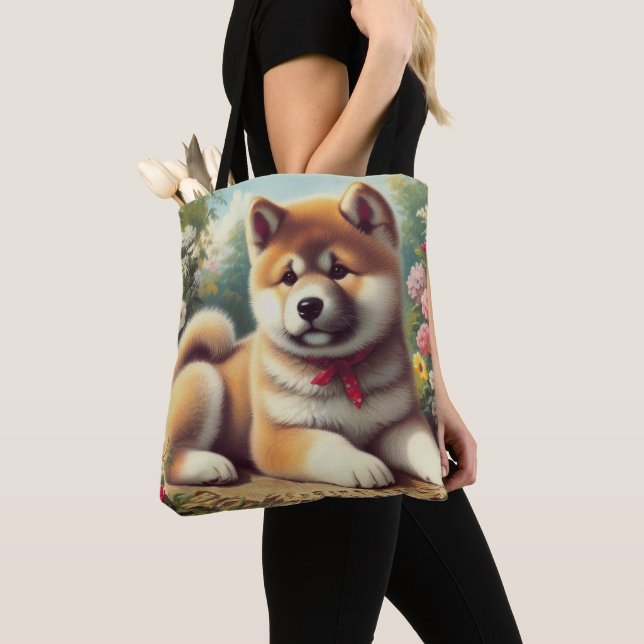 Vintage Akita Oljemålning Tygkasse (Närbild)