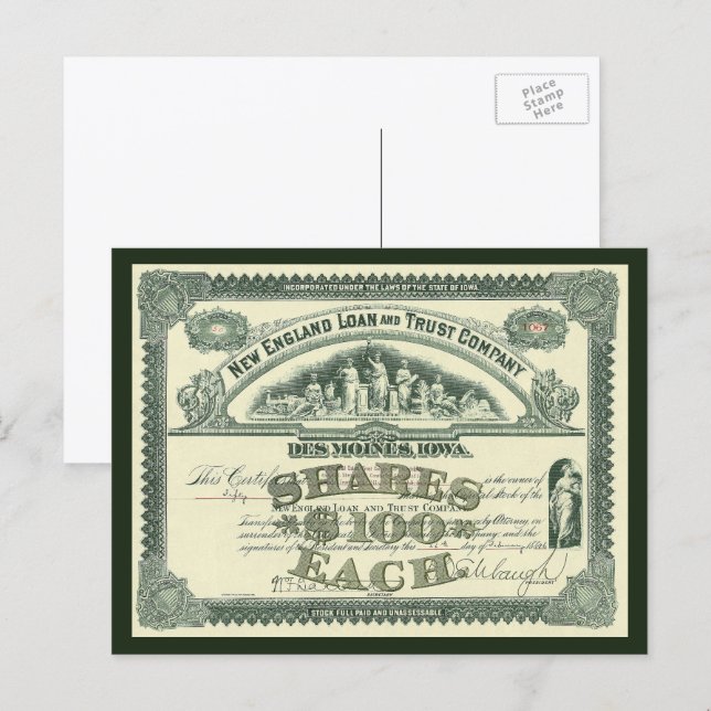 Vintage-aktiebrev Affärsfinansiering Vykort (Fram/baksida)