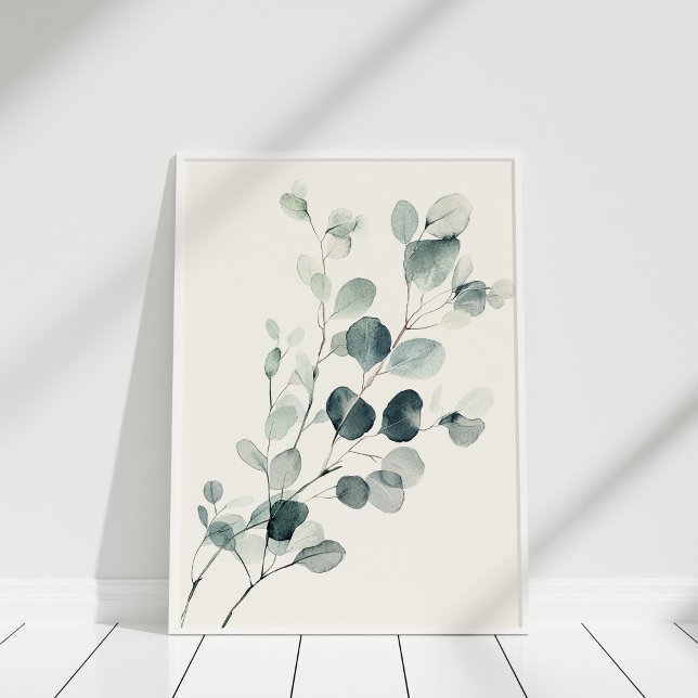Vintage akvarell Eukalyptusgren Väggkonst (Vintage Watercolor Eucalyptus Branch Wall Art on a white floor.)