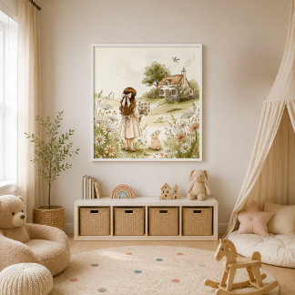 Vintage akvarell flicka och kanin | Cottagecore Poster