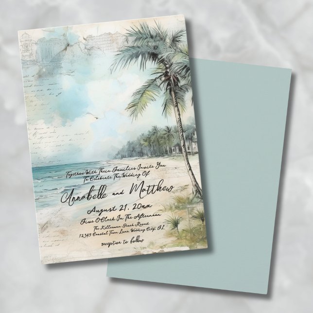 Vintage akvarell på strandbröllop inbjudningar (Vintage Rustic Elegant Tropical Beach Wedding Invitation)