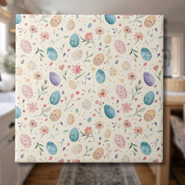 Vintage akvarell påskblommor blad ägg kakelplatta (Skapare uppladdad)