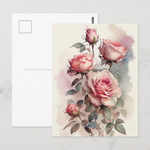Vintage akvarell rosa rosor vykort