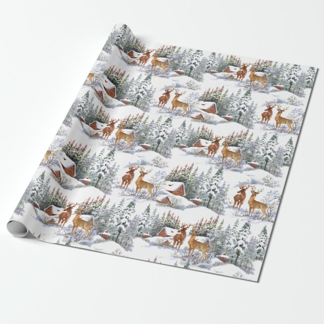 Vintage akvarell Vinter Land Deer Jul Presentpapper (Utrullad)