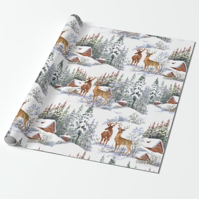 Vintage akvarell vinter lantlig hjort jul presentpapper (Utrullad)