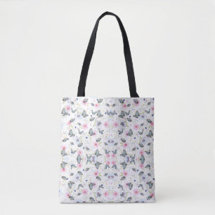 Vintage akvarellblå fjäril & rosa blommor tygkasse