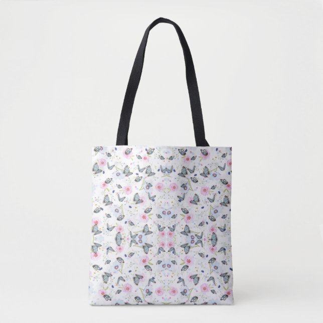 Vintage akvarellblå fjäril & rosa blommor tygkasse (Framsida)