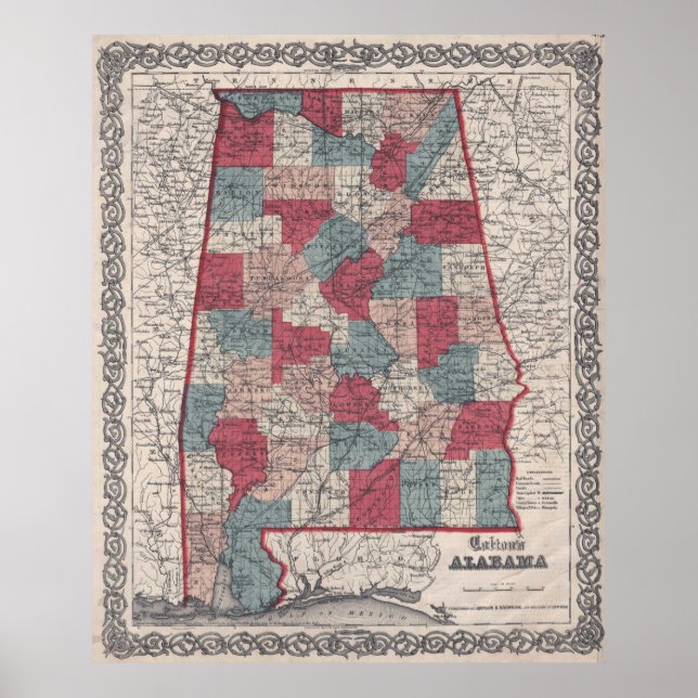 Vintage Alabama County Karta (1859) Poster (Framsidan)