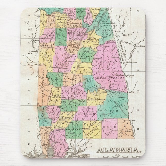 Vintage Alabama-staten Karta (1827) Musmatta (Framsidan)