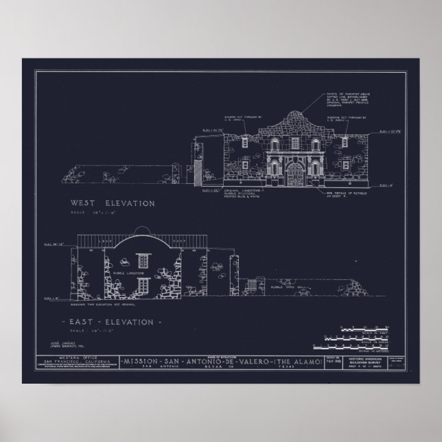 Vintage Alamo Architectural Blueprint Poster (Framsidan)