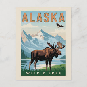 Vintage Alaska Älg Berg Vild & Fri Vykort