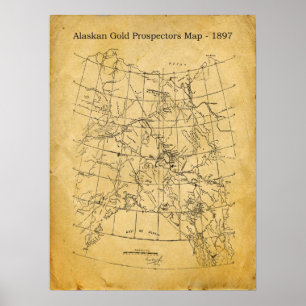 Vintage Alaska Guld Prospecting Karta - 1897 Poster