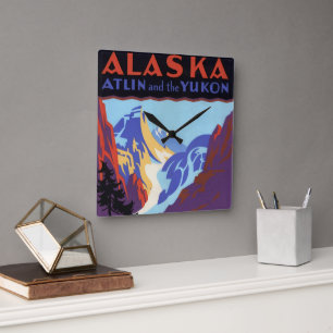 Vintage Alaska-resemål, Atlin och Yukon Fyrkantig Klocka