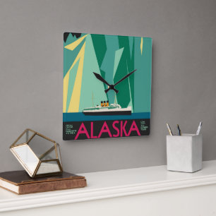 Vintage Alaska resemålning affischkonst, Taku Glac Fyrkantig Klocka
