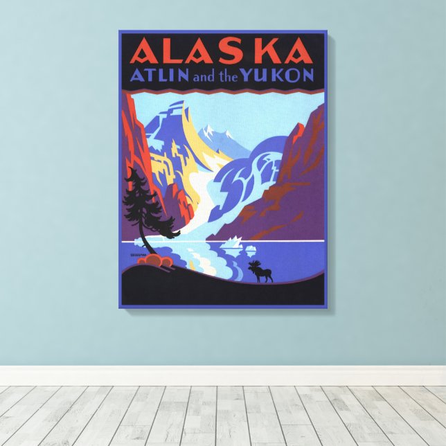 Vintage Alaska reseskylt, Atlin och Yukon Canvastryck (Insitu (trägolv))
