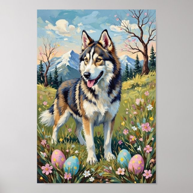 Vintage Alaskan Malamute Påsk Vår Konst Poster (Framsidan)