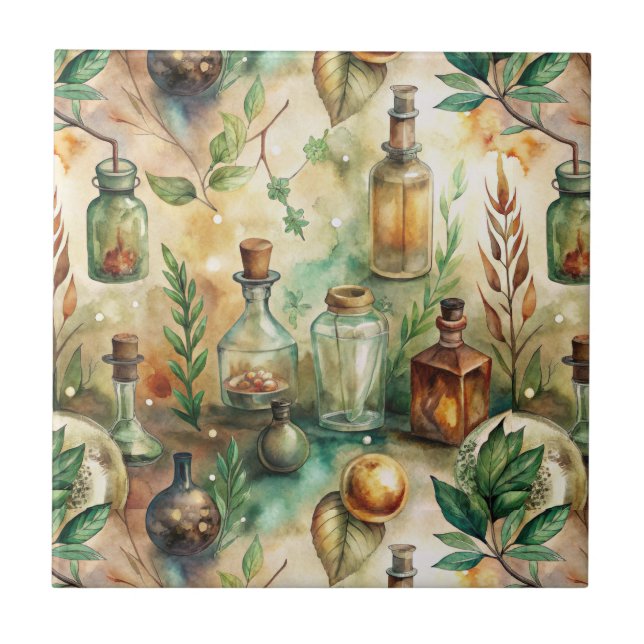 Vintage Alchemy-flaskor Botanisk Grön Kakelplatta (Framsidan)