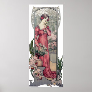 Vintage Alfons Mucha Girl with Flowers Poster