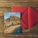 Vintage Alicante Spain Vacation Travel Vykort<br><div class="desc">Bring the timeless sun-drenched charm of the Costa Blanca into your home! This premium vintage-style travel postcard captures the soul of Alicante, Spain, through a classic mid-century lens. The artwork masterfully balances the relaxation of the Mediterranean with the city’s deep history. In the foreground, the golden sands of Playa del...</div>