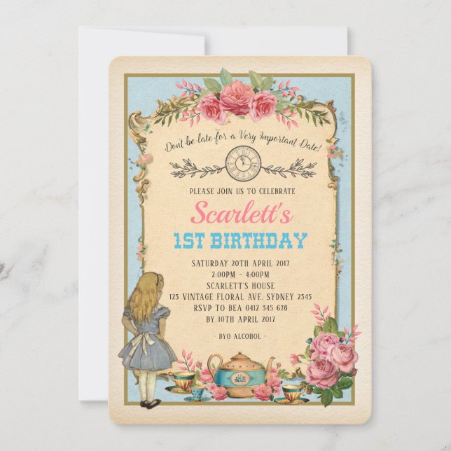 Vintage Alice i party för underlandfödelsedagTea Inbjudningar (Framsida)