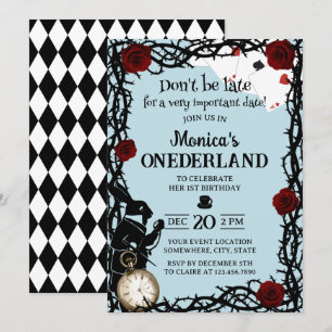 Vintage Alice i Wonderland Girl 1st Birthday Blue Inbjudningar