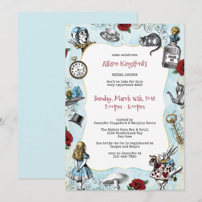 Vintage Alice i Wonderland Möhippa Inbjudningar (Fram/baksida)