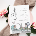 Vintage Alice i Wonderland Tea Party Menu Meny<br><div class="desc">Bekvämt designad vintage Alice på underlandstemat bröllop-menyn. Perfekt för Alice i Wonderland-themed bröllop. Utformningen innehåller en blandning av våra egna handdragna originalfjädrar. Vi har noggrant återställt de ikoniska Alice-illustrationerna i Wonderland vintage genom att skissera dem för att ge dem liv med vackra undertoner med vattenfärg. Utformningen har vårt ursprungliga handritade...</div>