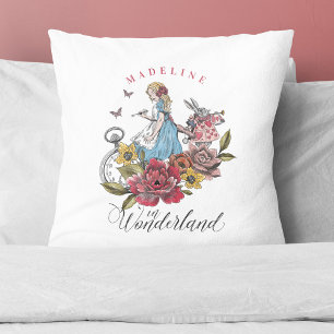 Vintage Alice in Wonderland Alice & Rabbit Floral Kudde