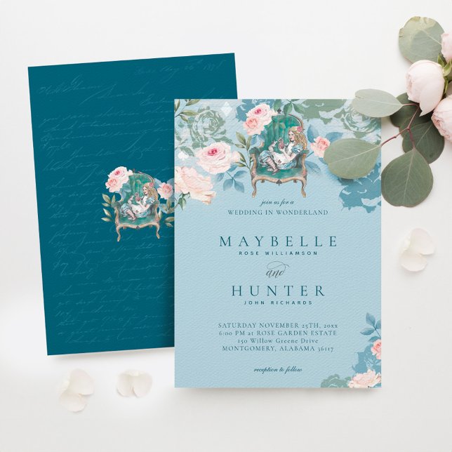 Vintage Alice in Wonderland Rosa ros Bröllop Inbjudningar (Vintage Alice In Wonderland Pink Roses Wedding Invitation)