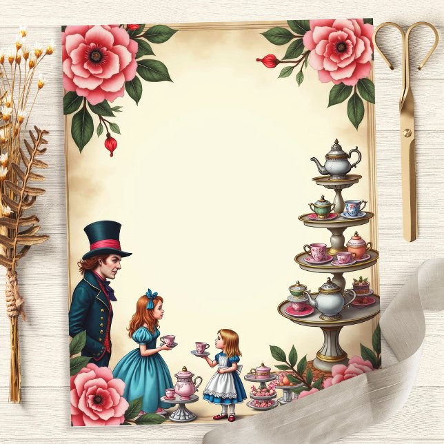 Vintage Alice Mad Hatter Tea Party Blommigt Papper (Skapare uppladdad)