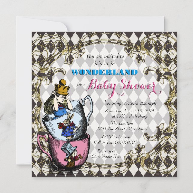 Vintage Alice Underland Babyshower Inbjudningar (Framsida)