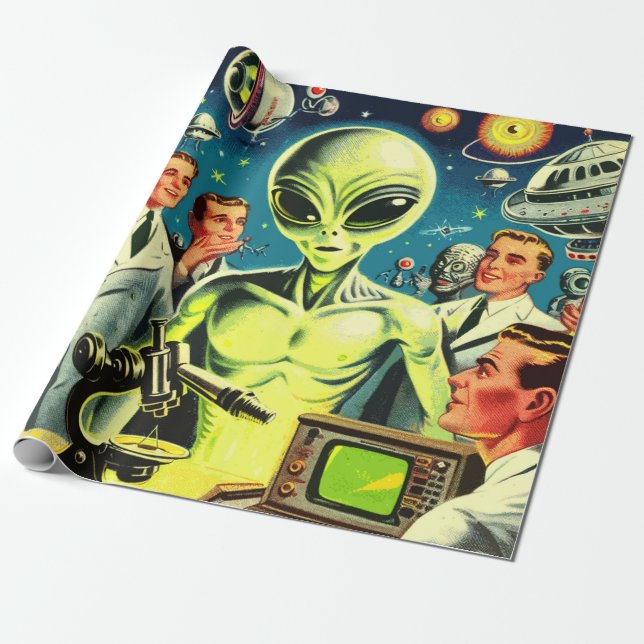 Vintage Alien Science fiction Tecknad Presentpapper (Utrullad)