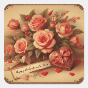 Vintage Alla hjärtans dag Chocolates and Flowers Fyrkantigt Klistermärke