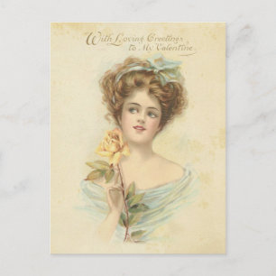 Vintage Alla hjärtans dag Elegant Dam Gul ros Helg Vykort