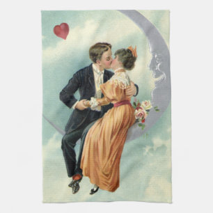Vintage Alla hjärtans dag Victoriskt kyss på månen Kökshandduk