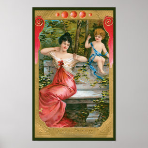 Vintage Alla hjärtans dag, viktoriansk dam med ker Poster