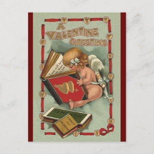Vintage Alla hjärtans dagängel, Cupid Reading Bok Helg Vykort