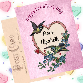 Vintage Alla hjärtans dagskort Bird Flowers Heart Helg Vykort