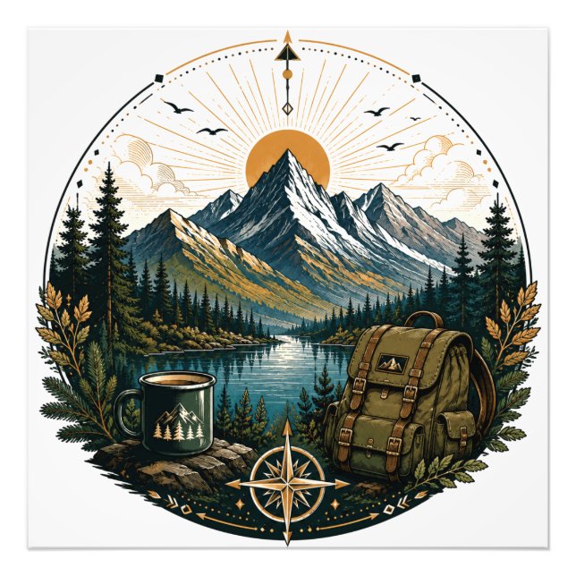 Vintage alpin vildmarksäventyrslandskaps konst fototryck (Framsidan)