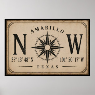 Vintage Amarillo Texas Koordinater Kompass Poster