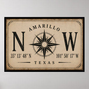Vintage Amarillo Texas Koordinater Kompass Poster