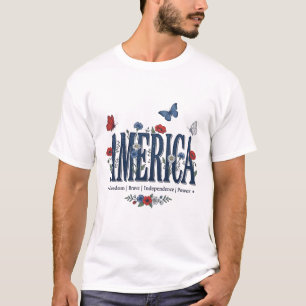 Vintage America Blommig Fjäril Patriotisk Tröja_1 T Shirt